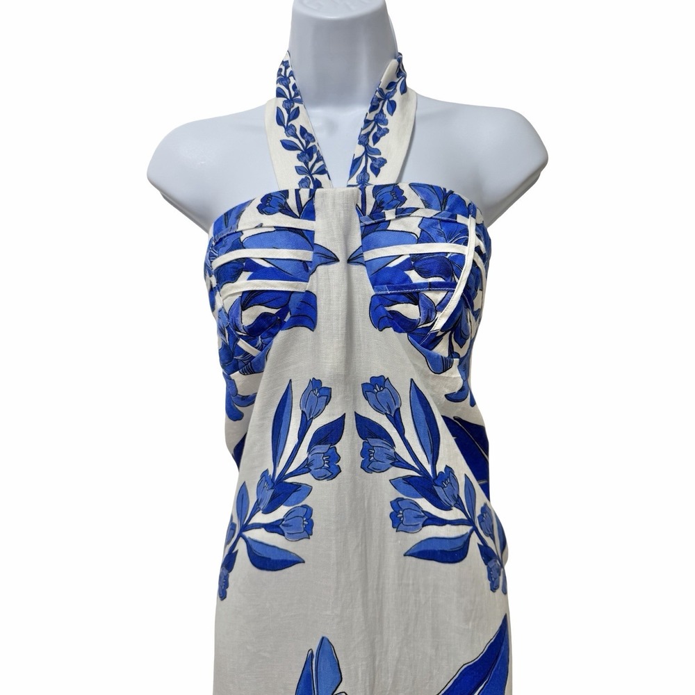 Farm Rio Blue Yard Office White Sleeveless Halter Maxi Dress Size L Tropical NEW - Picture 4 of 16